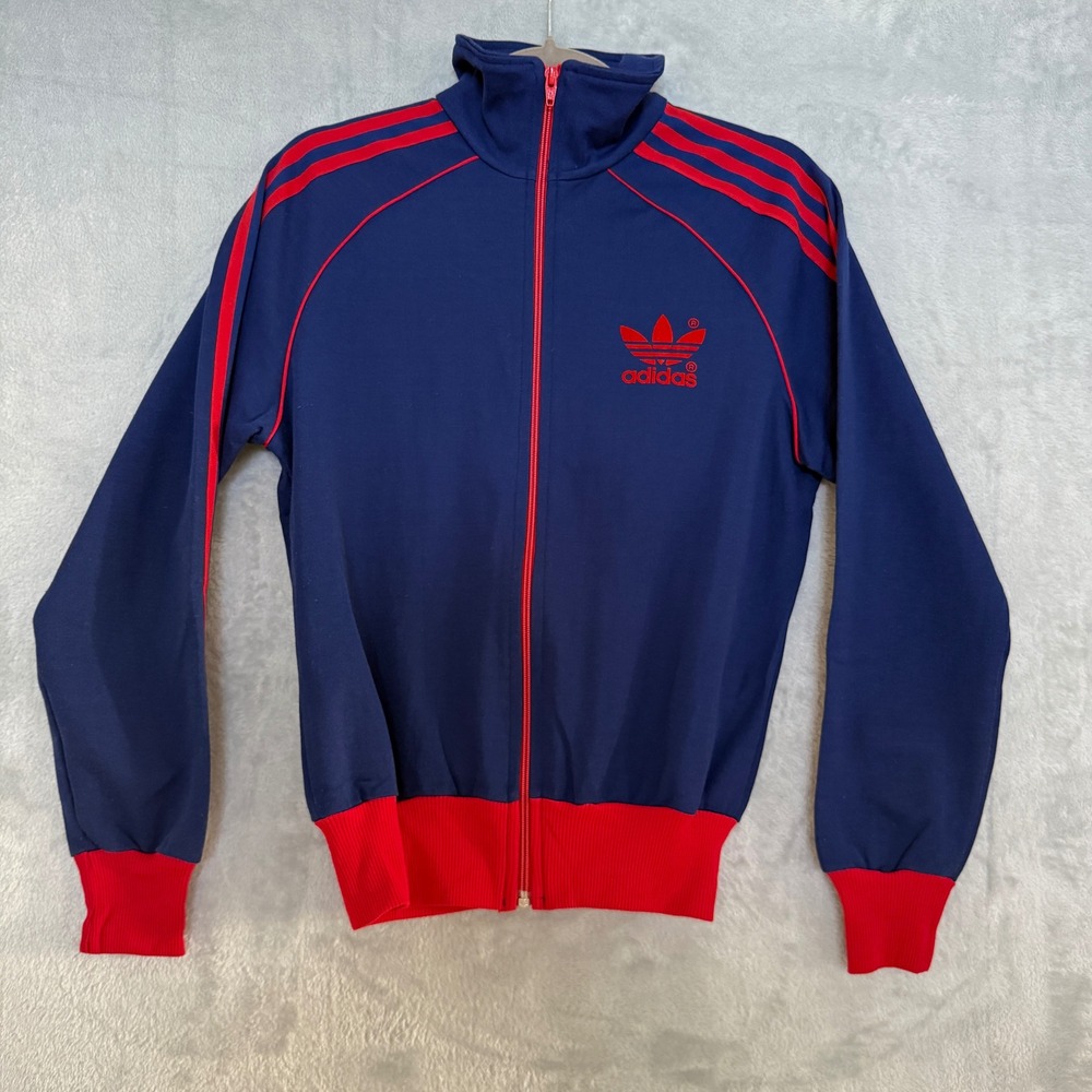 Adidas Vintage Track Jacket Navy Blue Red Trefoil 3 Stripe Full‎ Zip Women Small